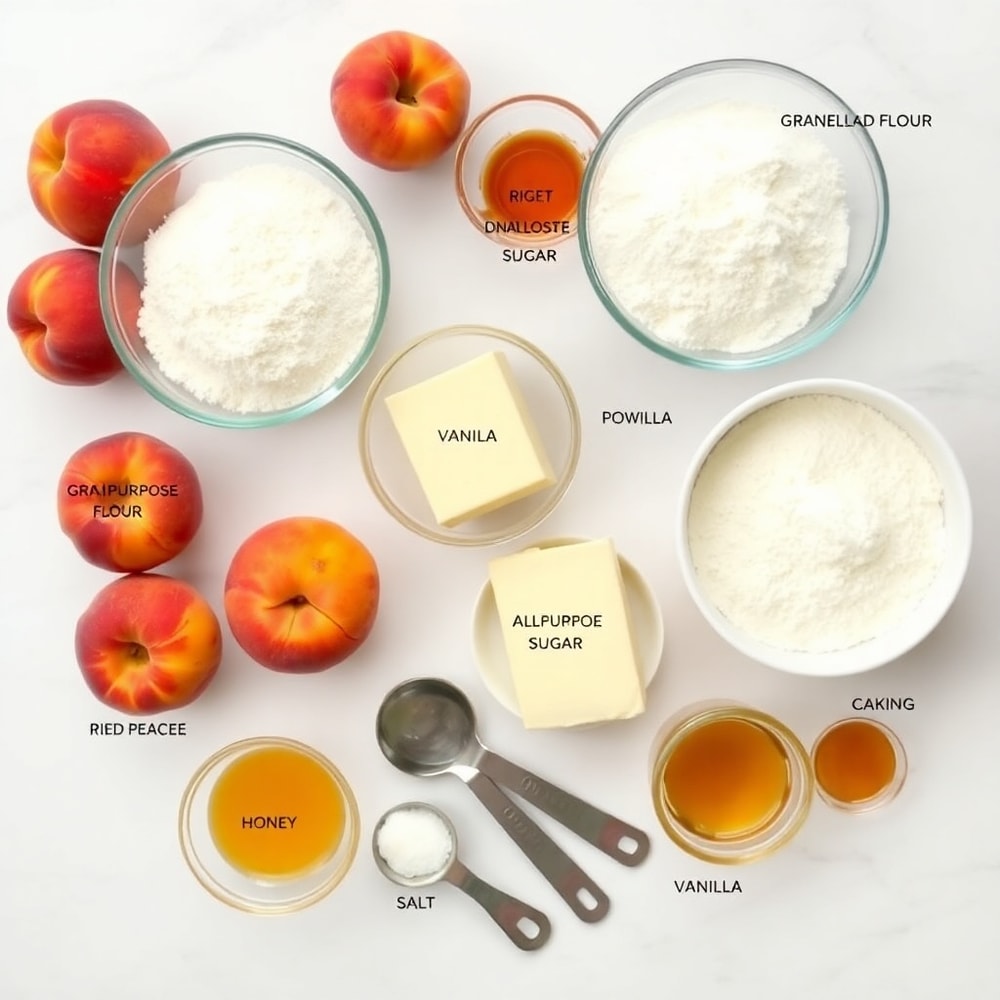 Raw ingredients for Honey Peach Cream Cheese Cupcakes including peaches, cream cheese, and honey