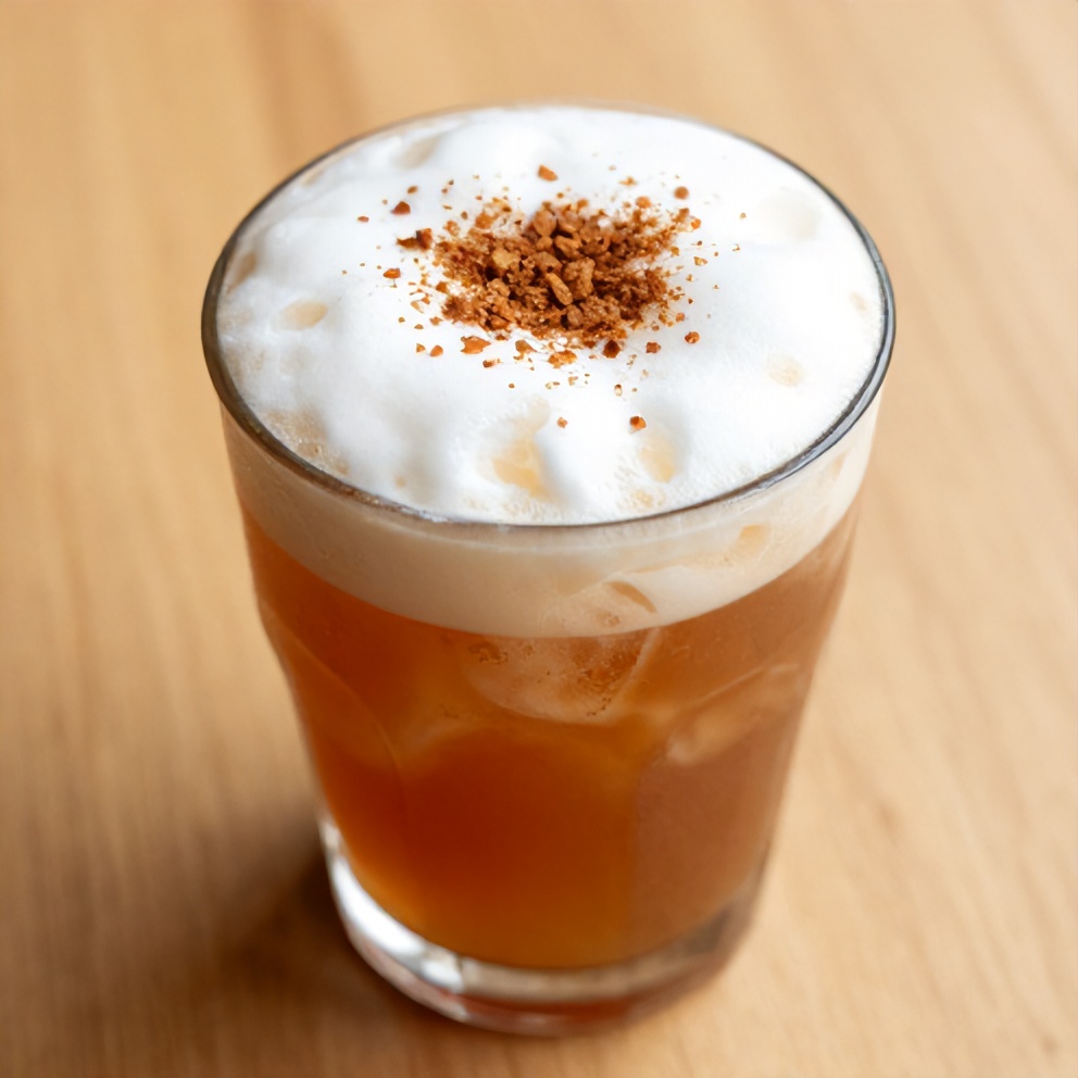 Iced blue tea latte with vanilla cold foam in a glass
