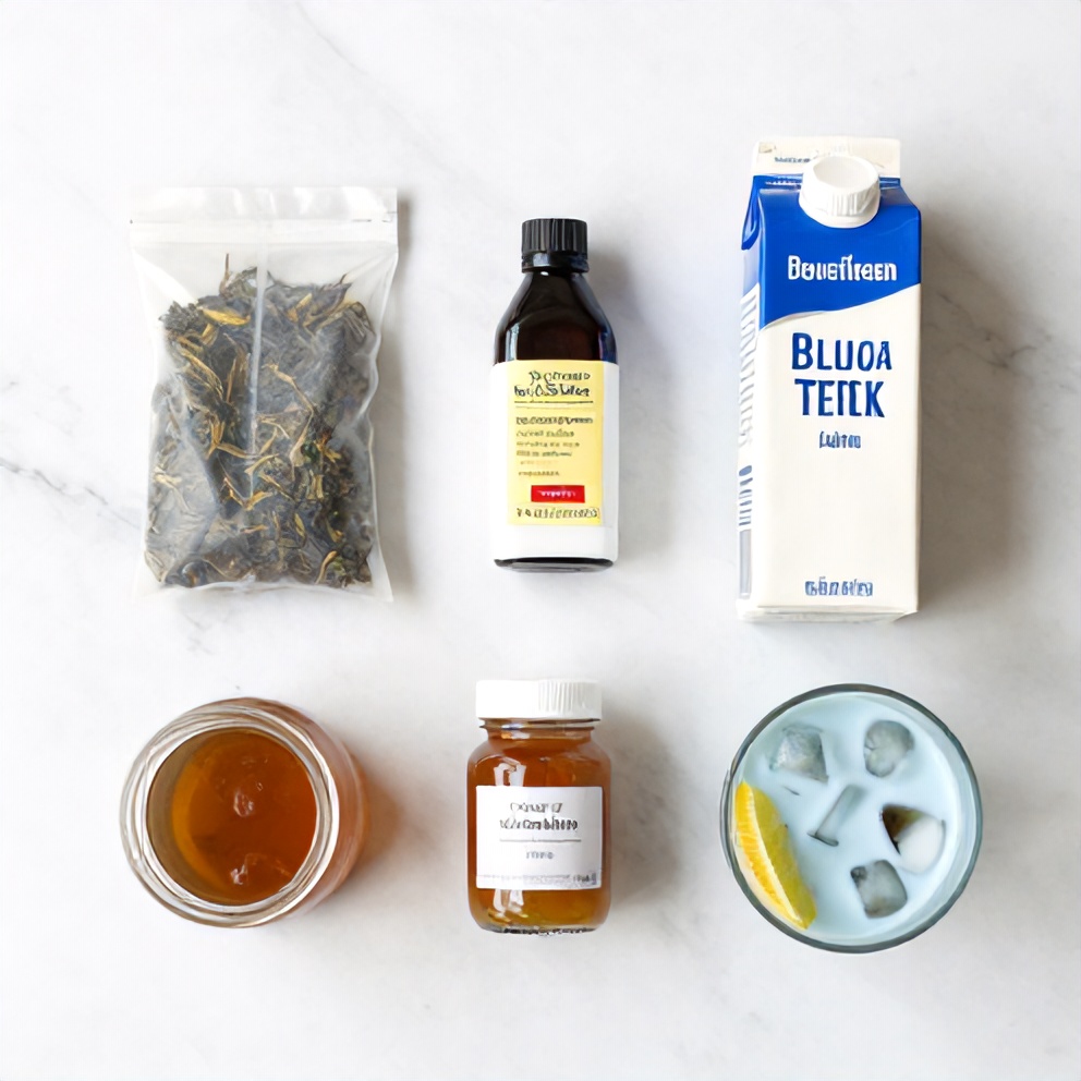 Ingredients for iced blue tea latte with vanilla cold foam