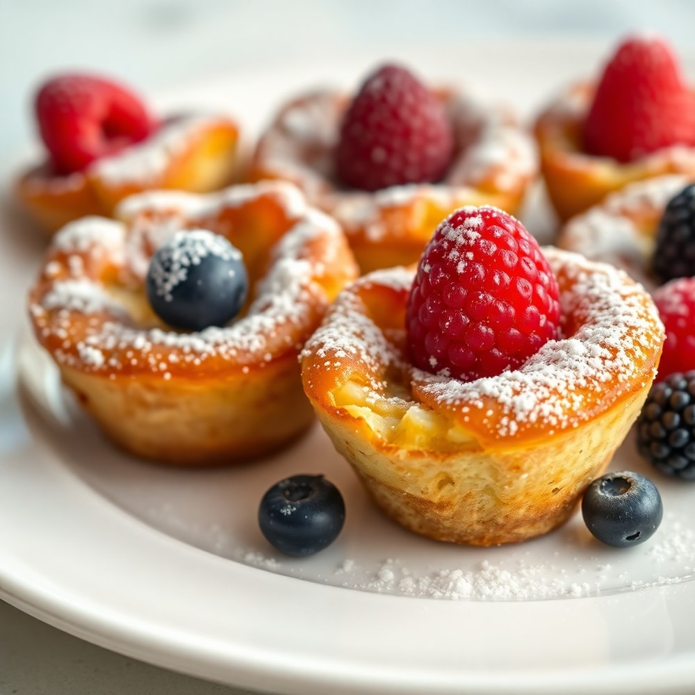 French Toast Cups plated, dusted with powdered sugar and berries