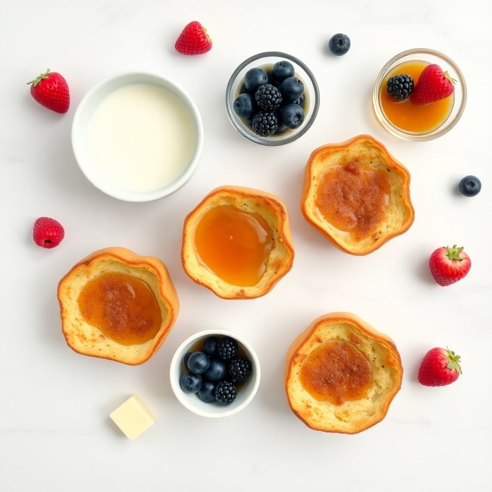 French Toast Cups ingredients: bread, eggs, milk, sugar, cinnamon, vanilla, butter, maple syrup, berries