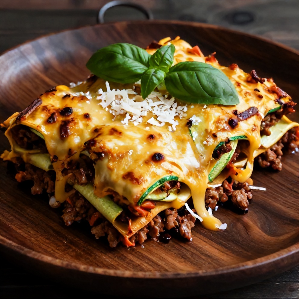 Plated serving of Keto Zucchini Lasagna with fresh basil and grated Parmesan