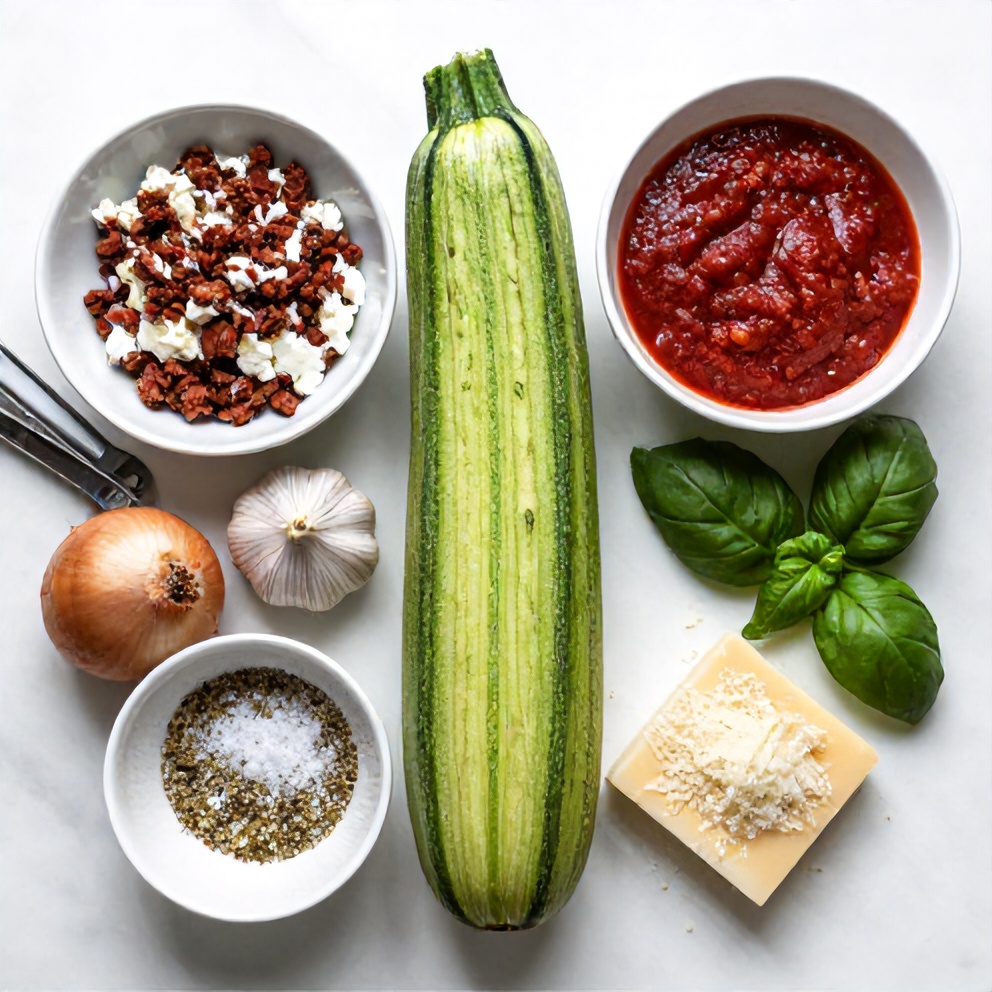 Raw ingredients for Keto Zucchini Lasagna including zucchini, ground beef, ricotta, and mozzarella