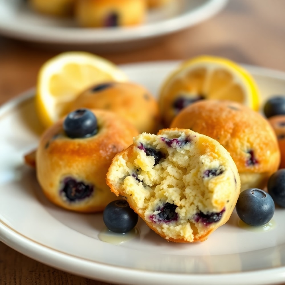 Plated Lemon Blueberry Cottage Cheese Pancake Bites with a lemon wedge