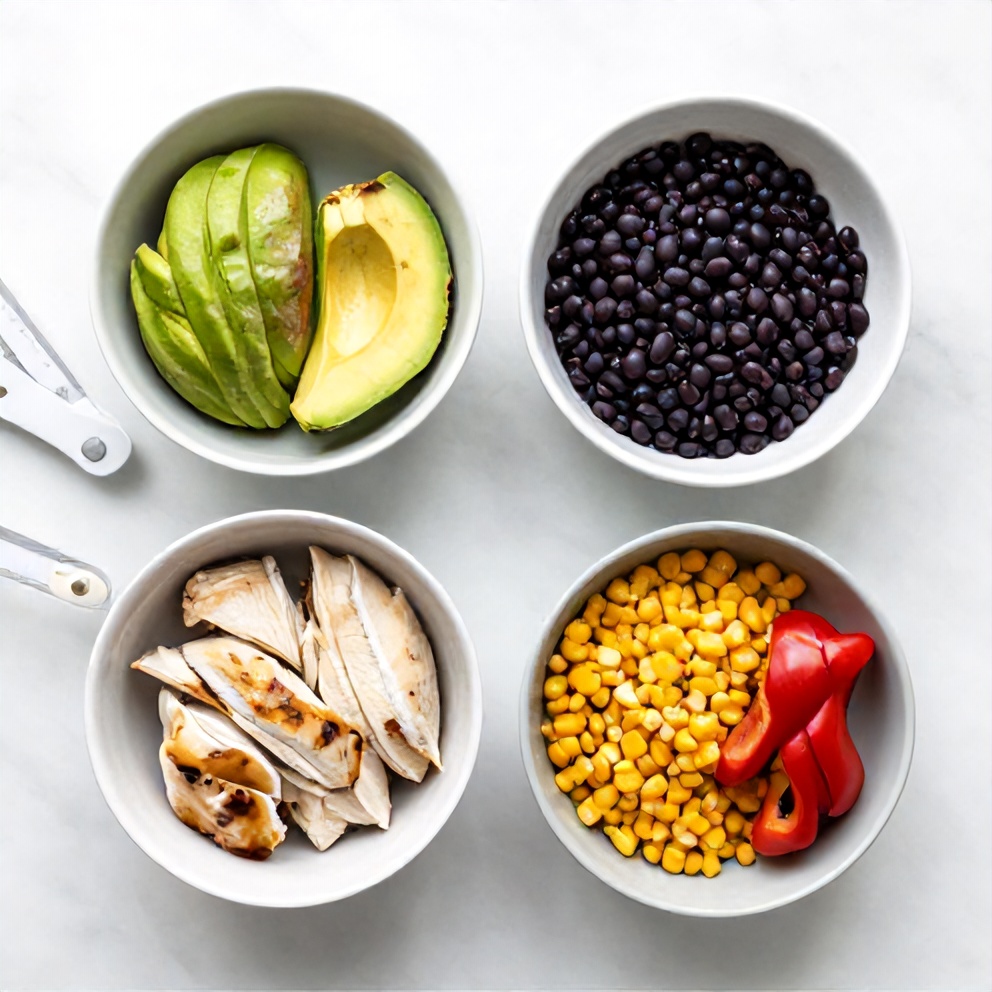Raw ingredients for Loaded Chicken Avocado Power Bowl