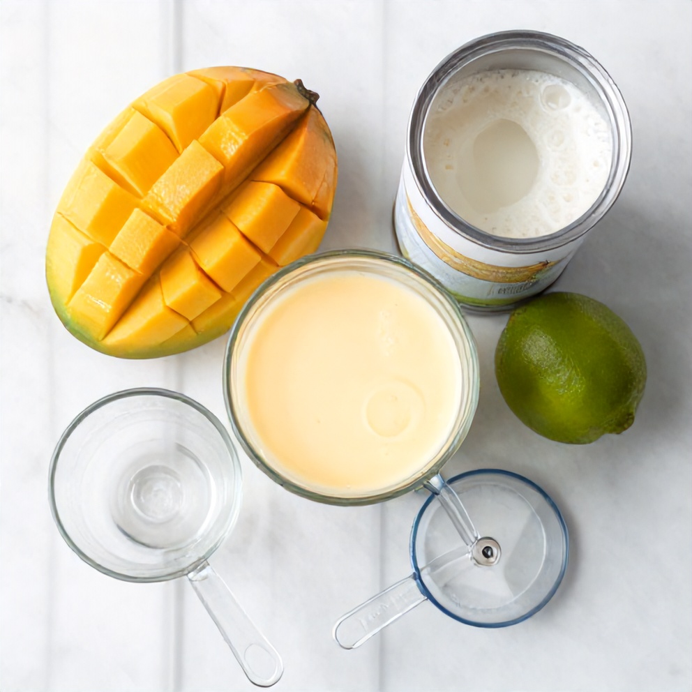 Mango, coconut milk, lime, and ice in prep bowls