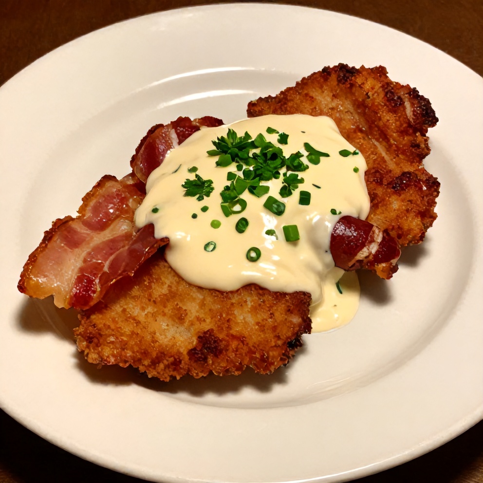 Plated maple bacon pork chops with creamy dijon sauce