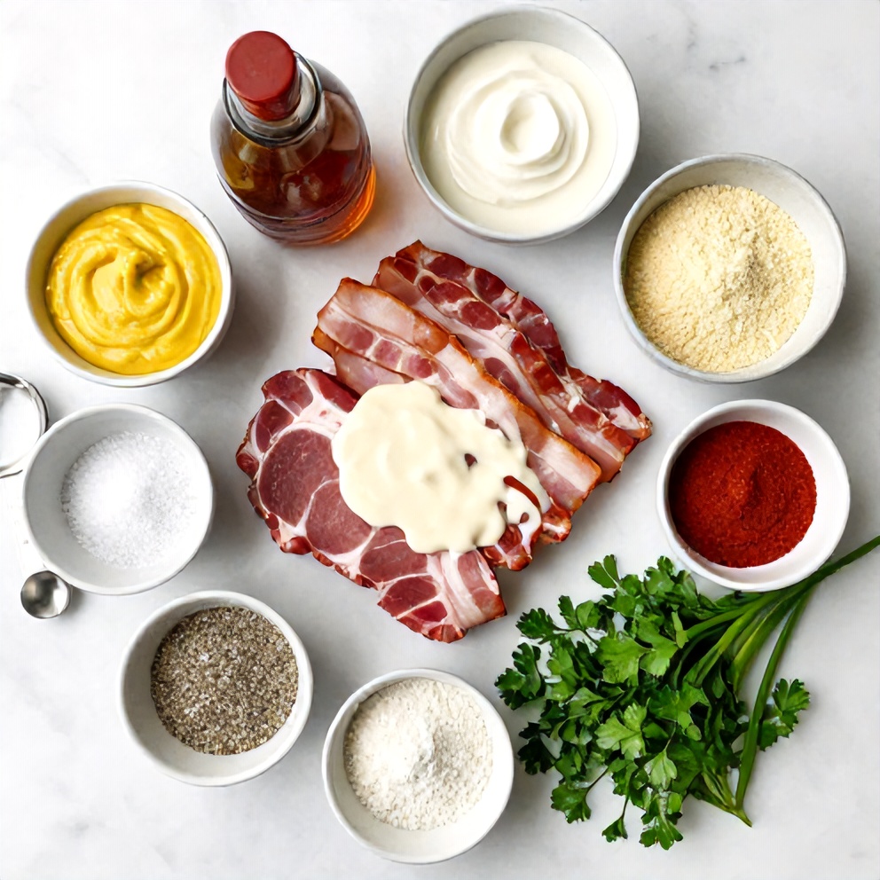Raw ingredients for maple bacon pork chops with creamy dijon sauce