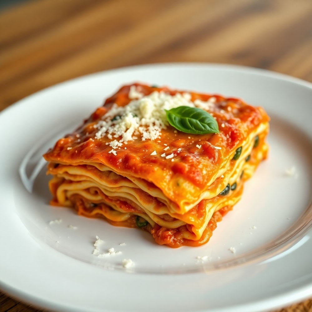 Plated Million Dollar Lasagna with fresh basil and grated Parmesan