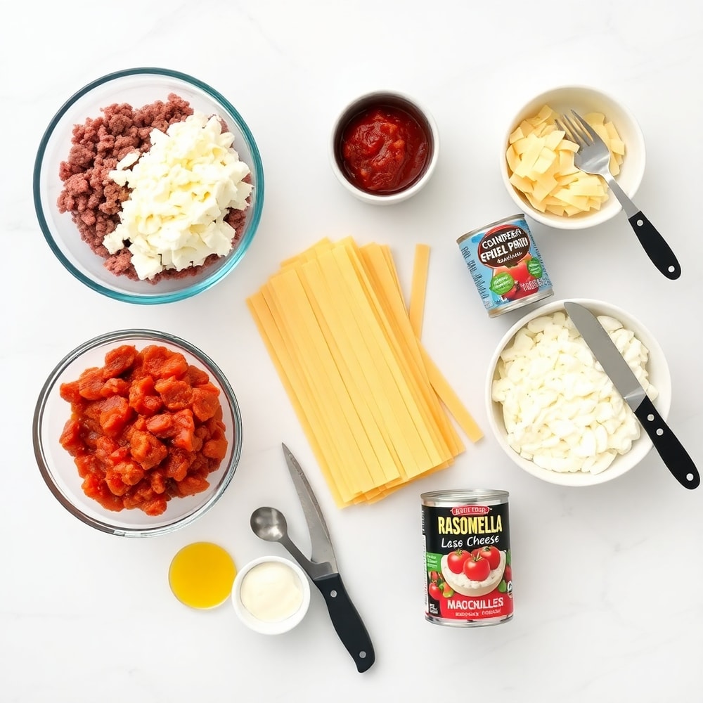 Raw ingredients for Million Dollar Lasagna including ground beef, lasagna noodles, and ricotta cheese
