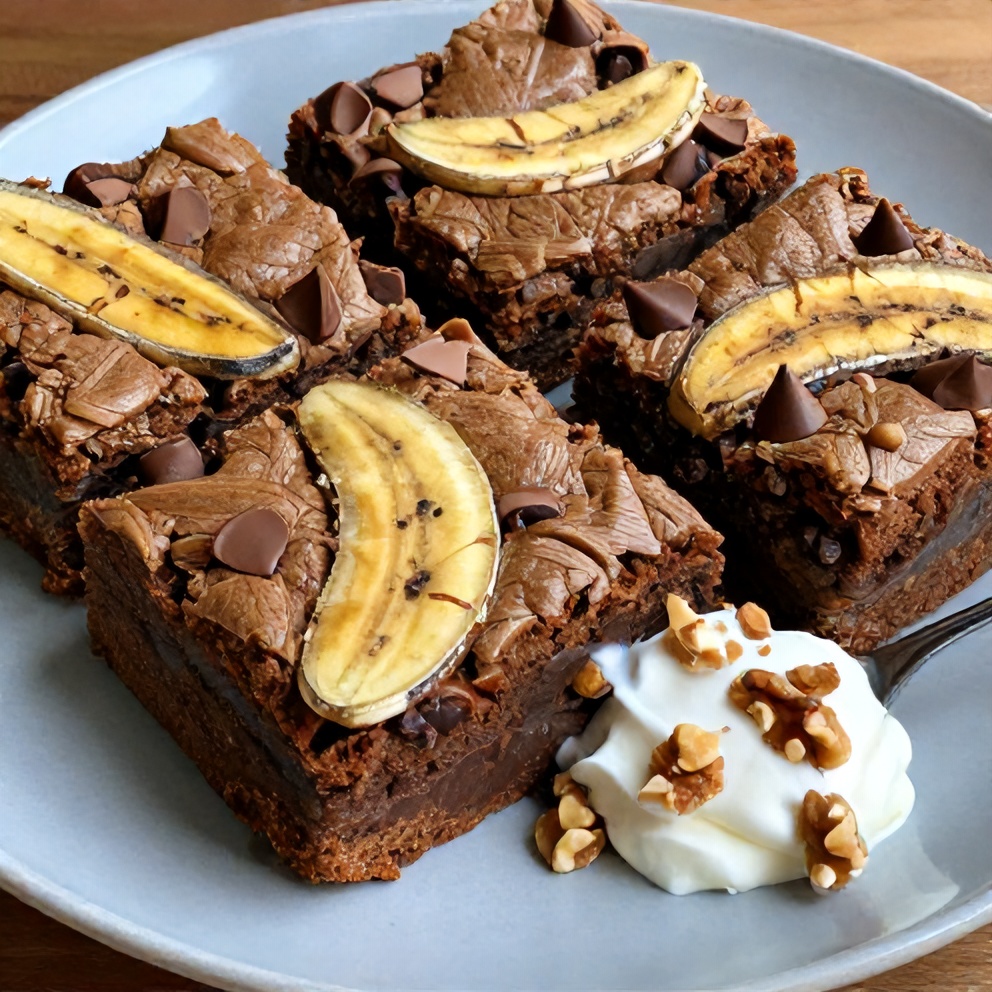 Plated banana bread brownies with chocolate chips