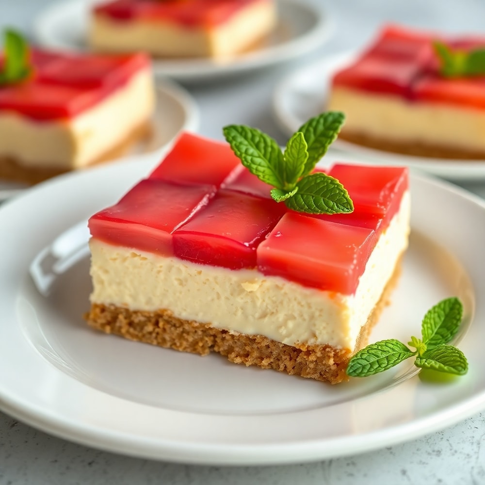 Plated No Bake Rhubarb Cheesecake Squares