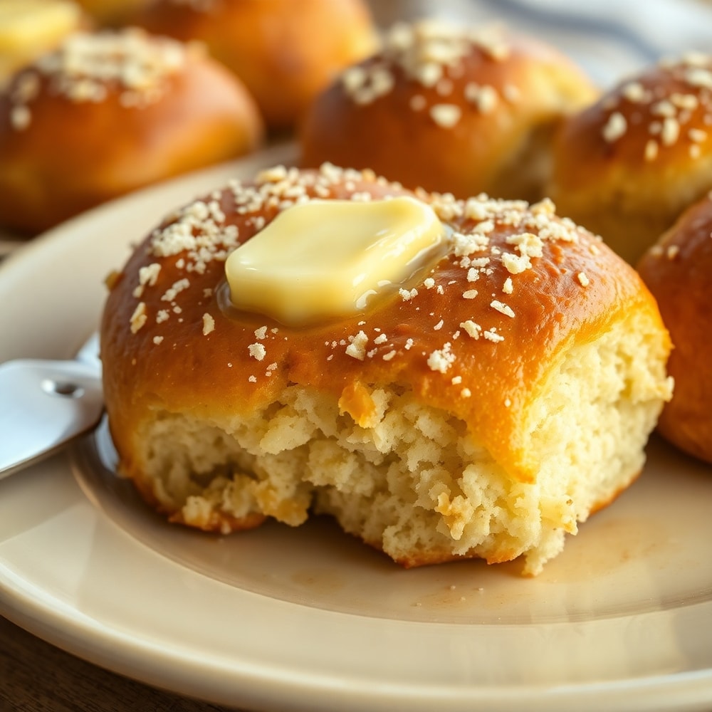 Plated Oatmeal Molasses Rolls with melted butter