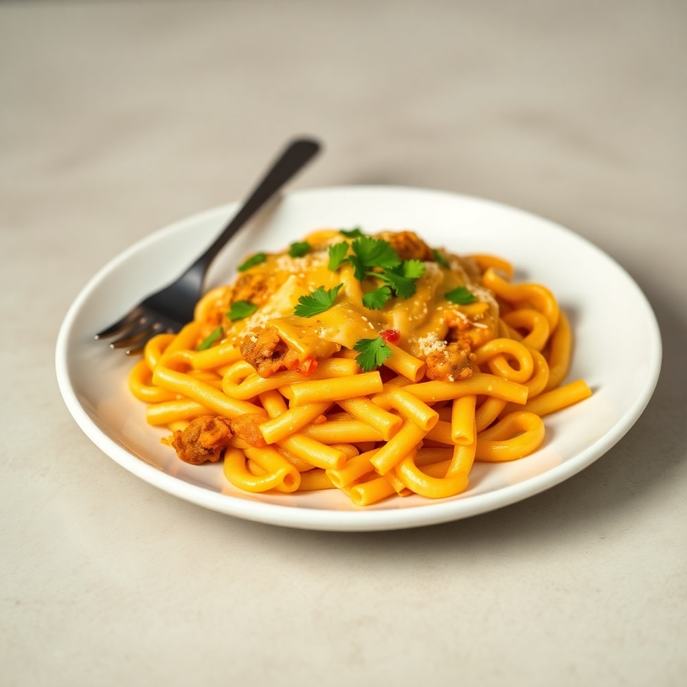 One perfect plated serving of One Pot Cheesy Taco Pasta on a white plate, garnished with chopped cilantro, warm side lighting highlighting the cheese and pasta