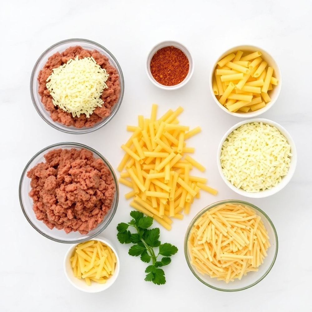 Raw ingredients for One Pot Cheesy Taco Pasta arranged in an overhead flat lay, including ground beef, taco seasoning, pasta, and cheese, on a white marble surface