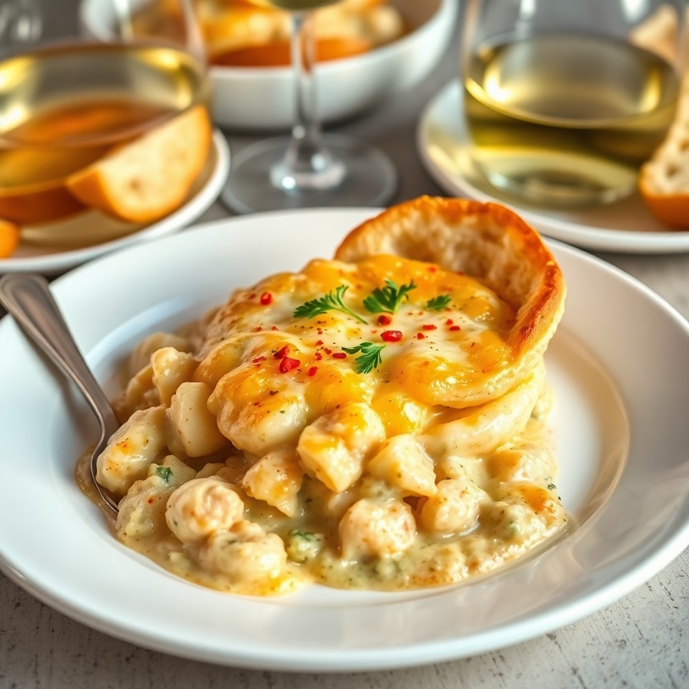 One pot creamy gnocchi chicken pot pie plated with a side of garlic bread and a glass of white wine