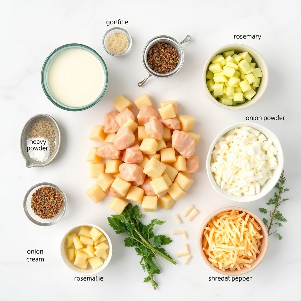 Raw ingredients for creamy gnocchi chicken pot pie including chicken breasts, gnocchi, mixed vegetables, and heavy cream
