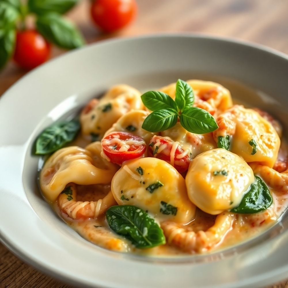 Plated creamy spinach tomato tortellini with fresh basil