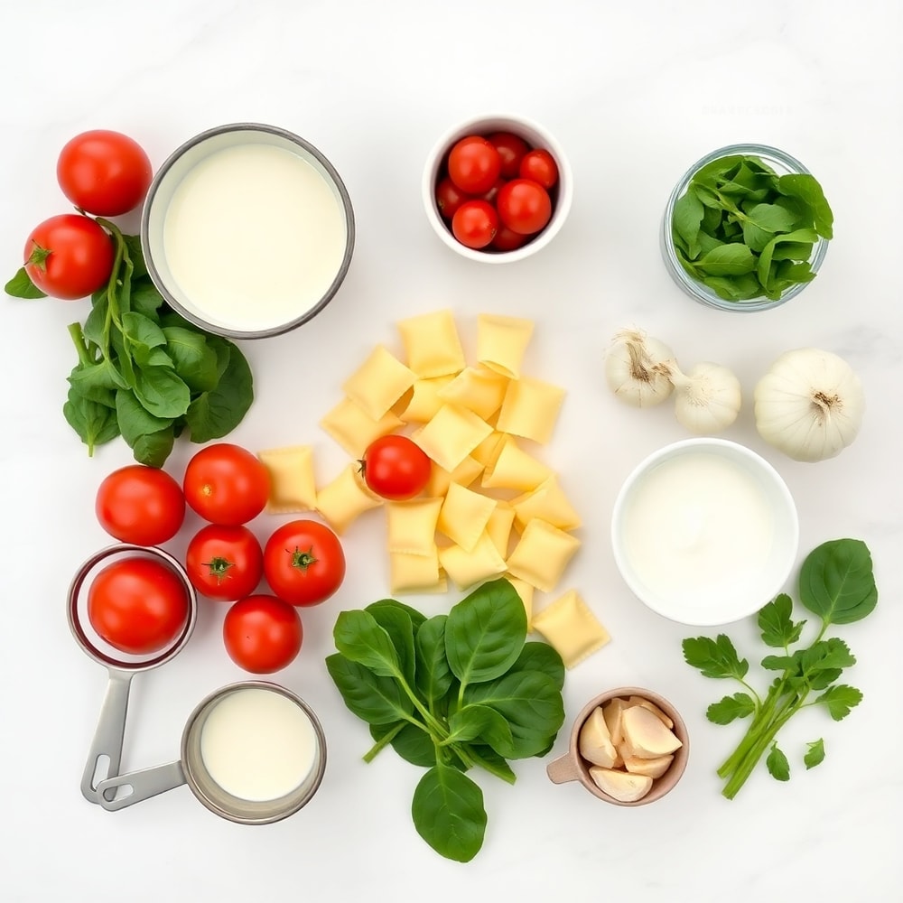 Raw ingredients for creamy spinach tomato tortellini