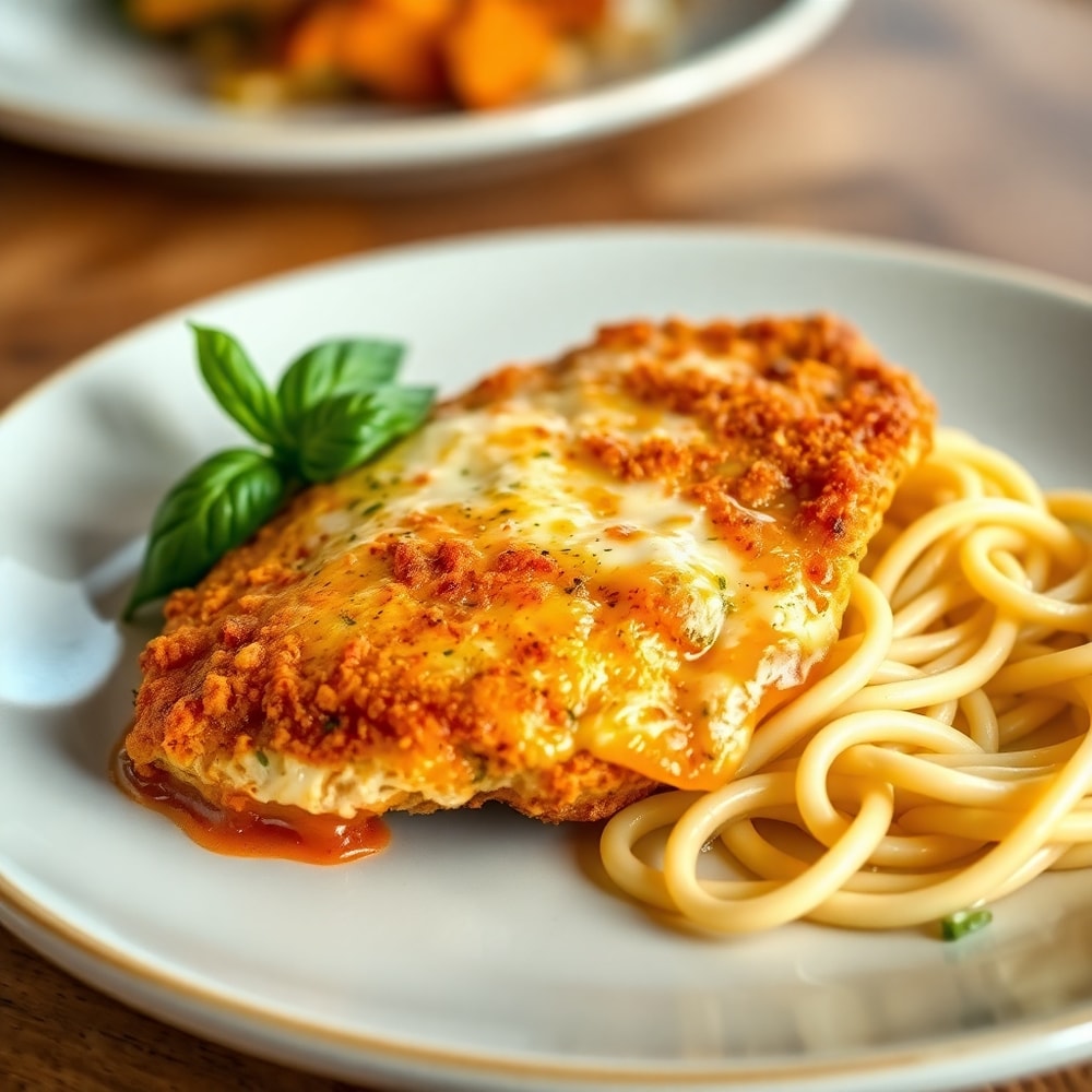 Plated serving of crispy baked chicken parmesan with side of pasta