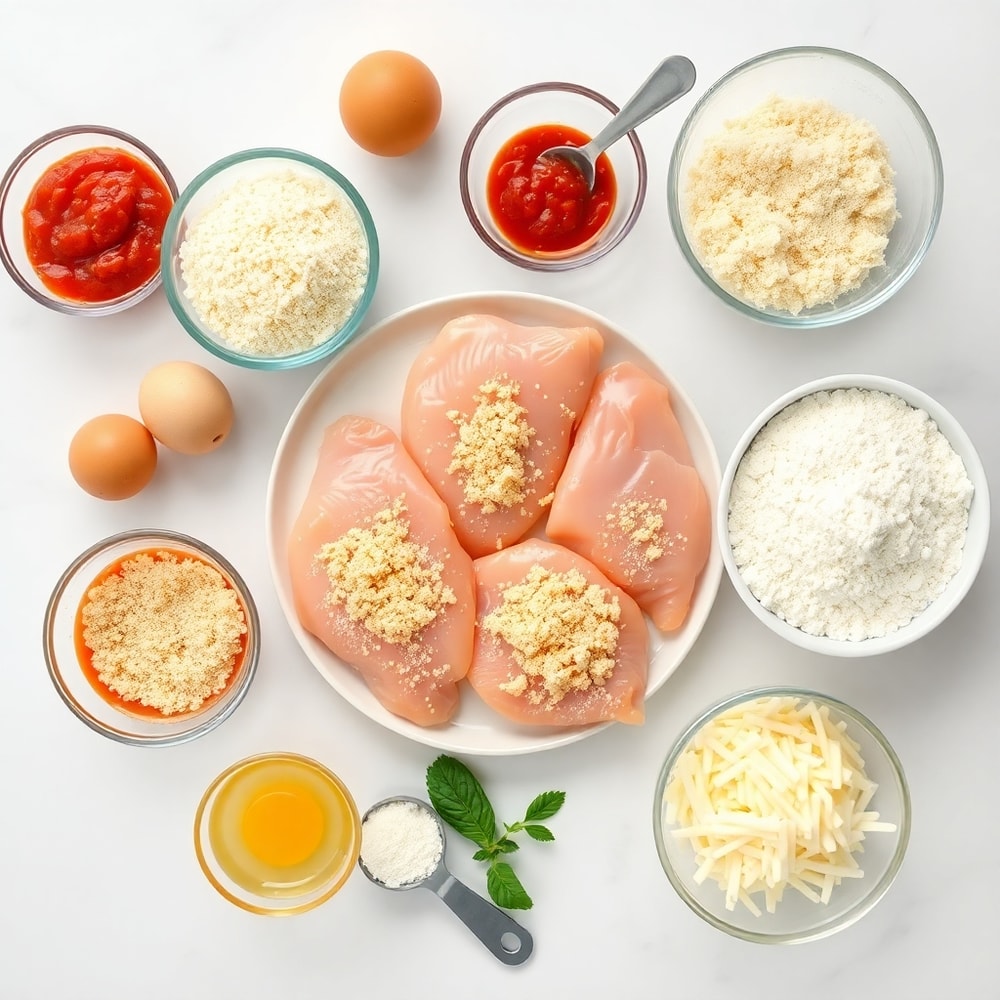 Raw ingredients for oven baked chicken parmesan including chicken breasts, breadcrumbs, and parmesan cheese
