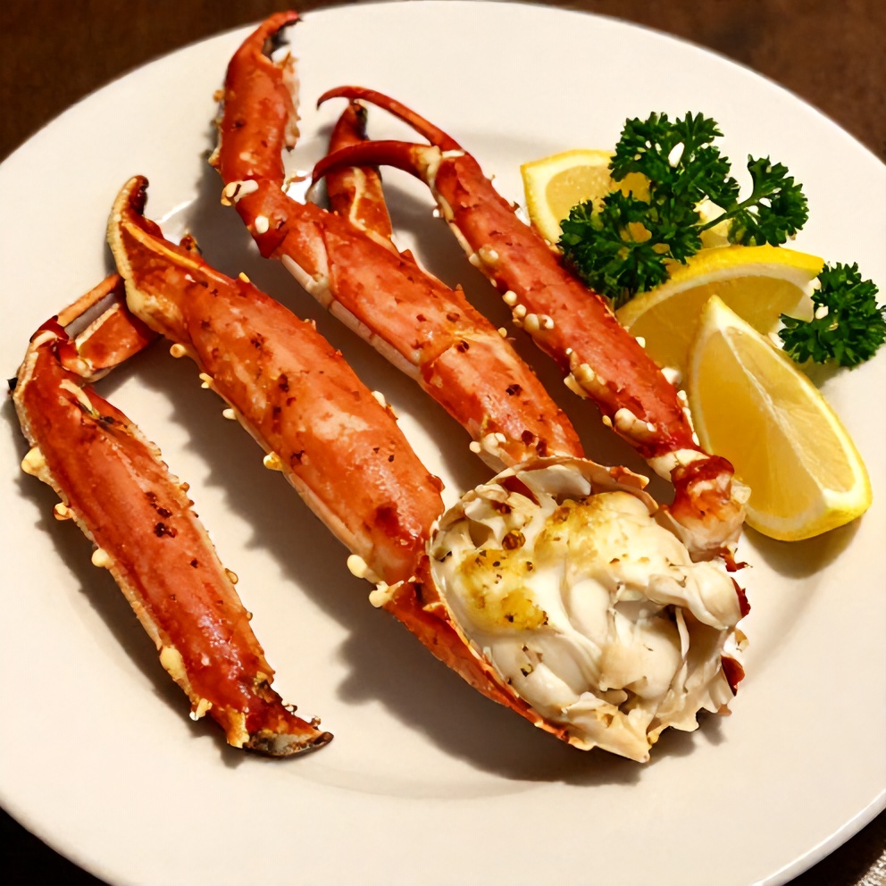 Plated oven baked snow crab legs with lemon wedges