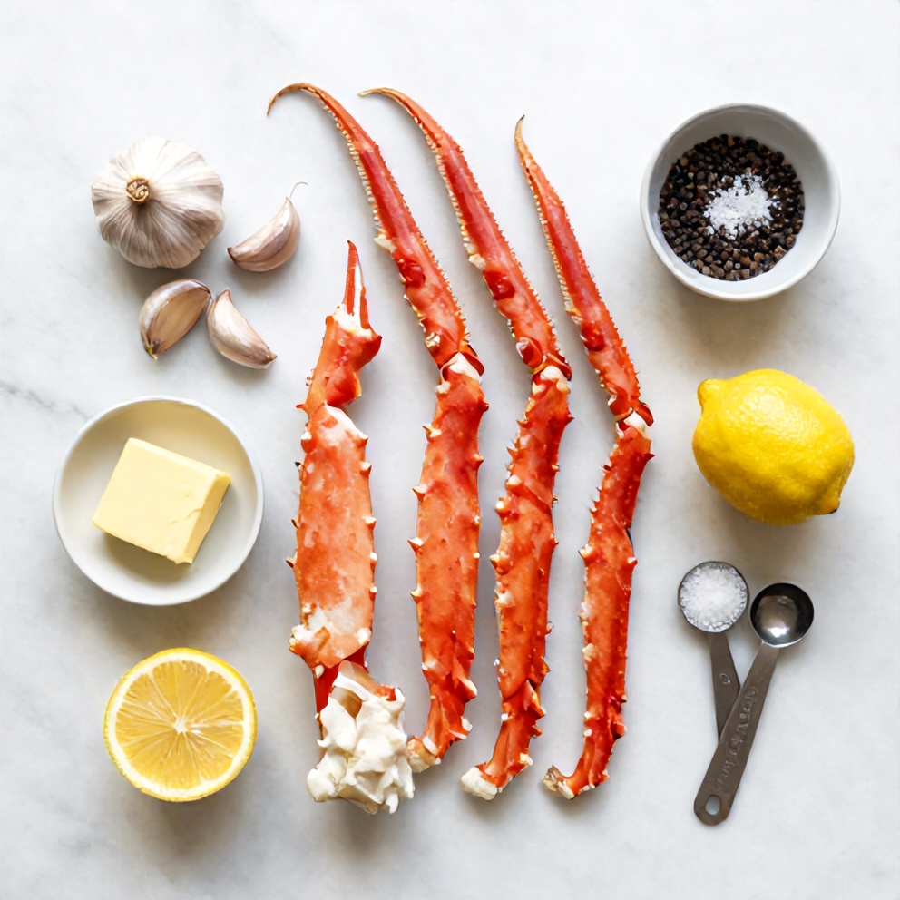 Raw snow crab legs, garlic, butter, lemon, salt, and pepper arranged on a wooden surface
