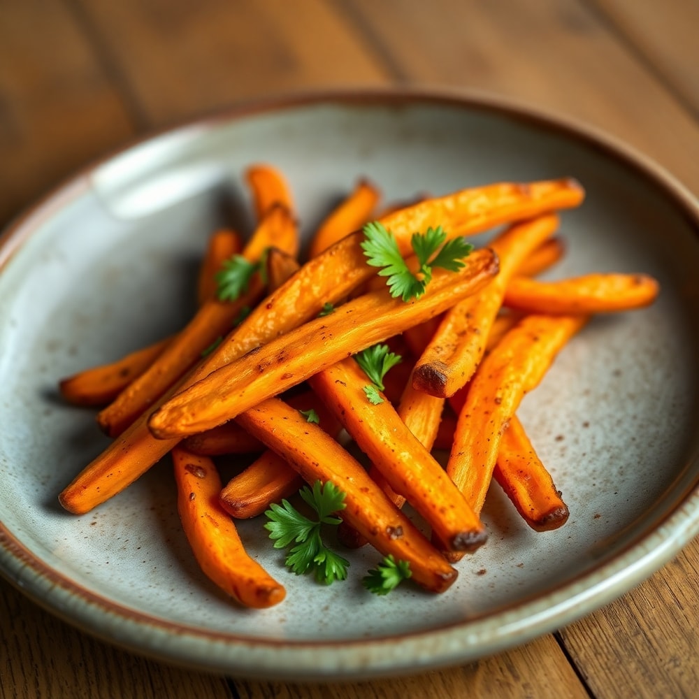 Plated serving of crispy oven baked sweet potato fries on a rustic plate