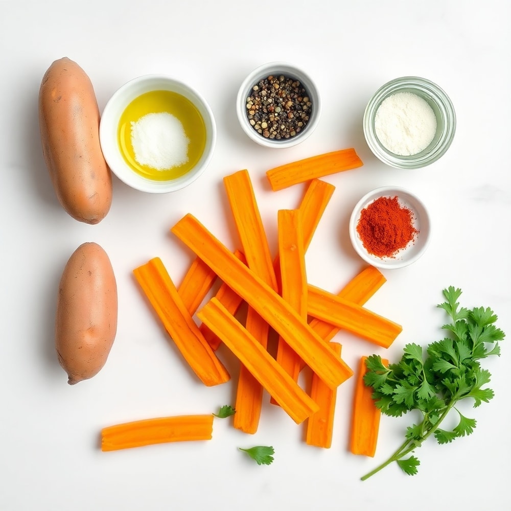 Raw ingredients for oven baked sweet potato fries on a white marble surface