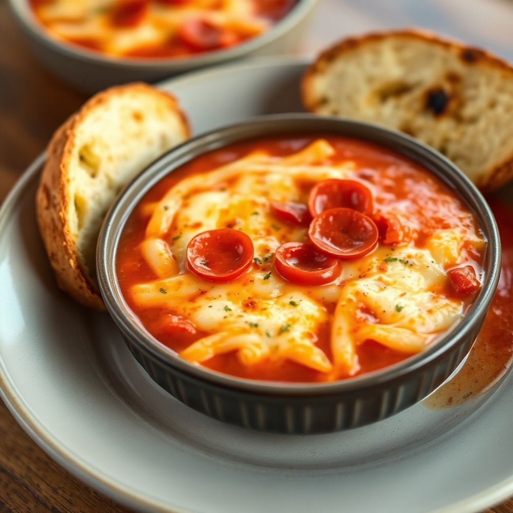 Bubbling Paleo Pizza Soup served in a bowl with a side of garlic bread