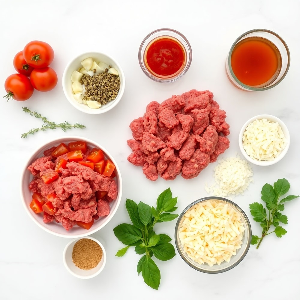 Raw ingredients for Paleo Pizza Soup including ground beef, diced tomatoes, and pizza spices