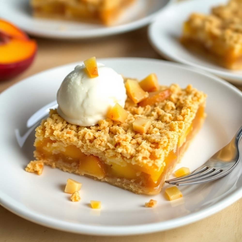 Plated serving of Peaches and Cream Crumble Bars with a scoop of vanilla ice cream