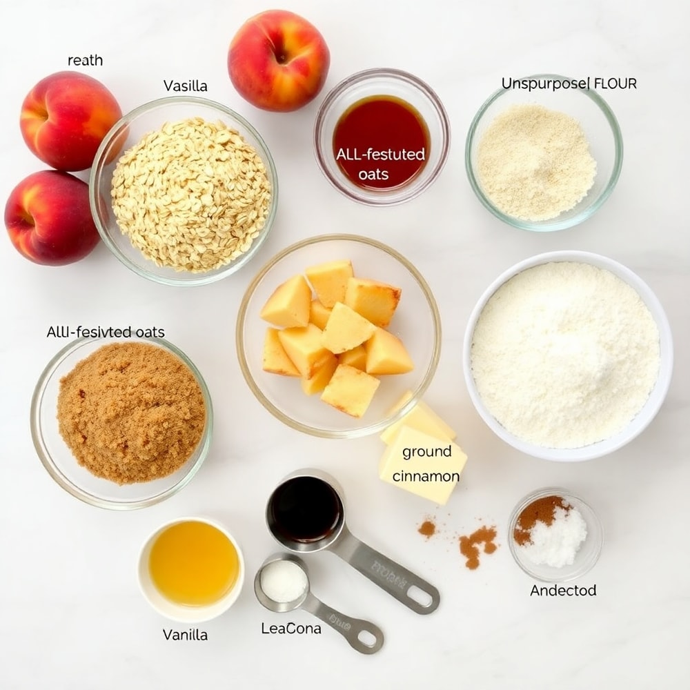 Raw ingredients for Peaches and Cream Crumble Bars on a marble surface