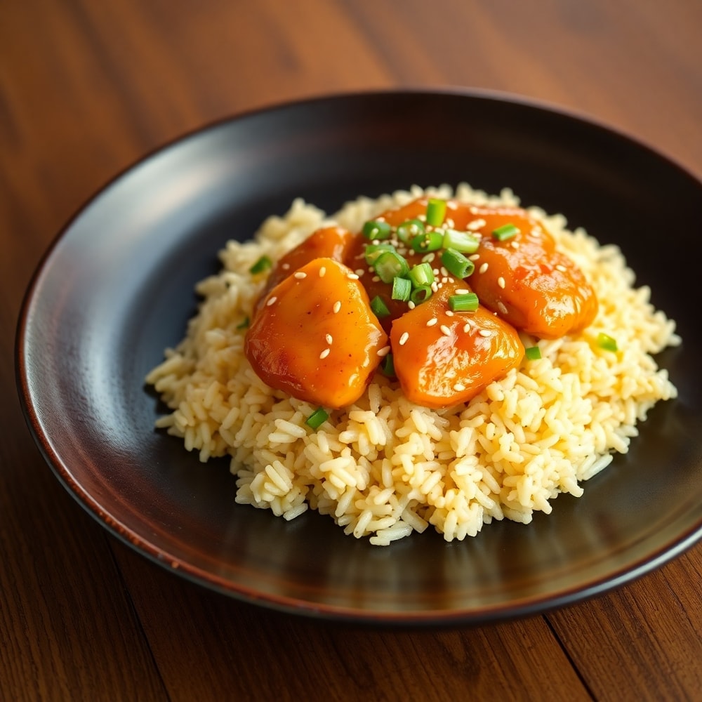 Plated serving of Sweet and Savory Pineapple Chicken and Rice