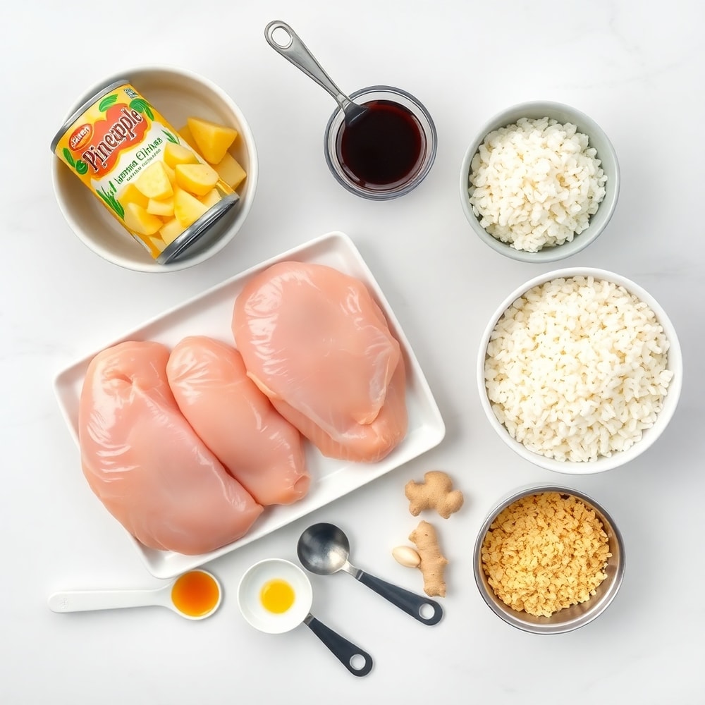 Raw ingredients for Pineapple Chicken and Rice: chicken, pineapple, rice, soy sauce, garlic, ginger, and more