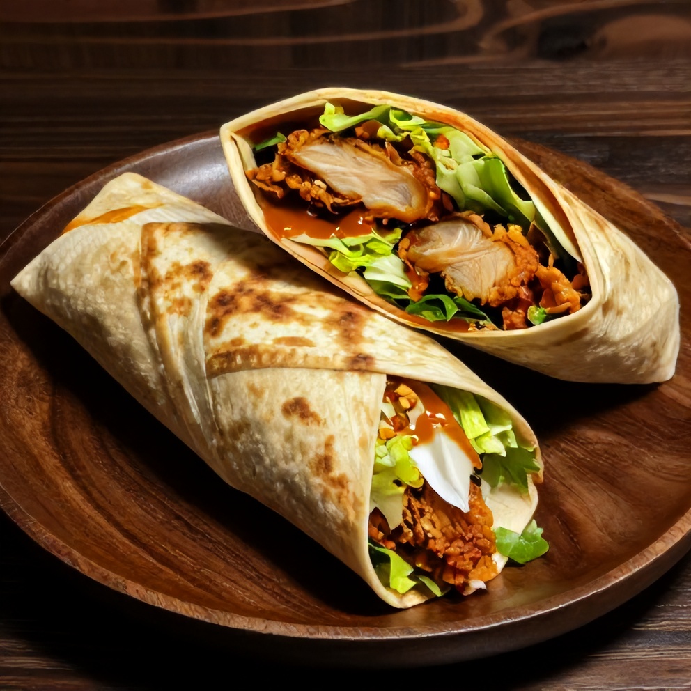Close-up of a plated chicken wrap with crispy chicken and lettuce