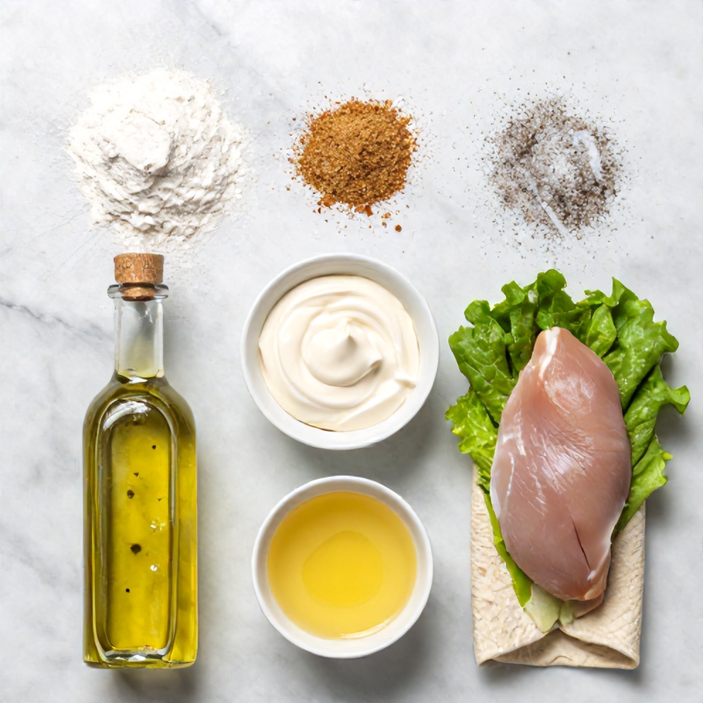 Raw ingredients for quick chicken wraps on a marble surface