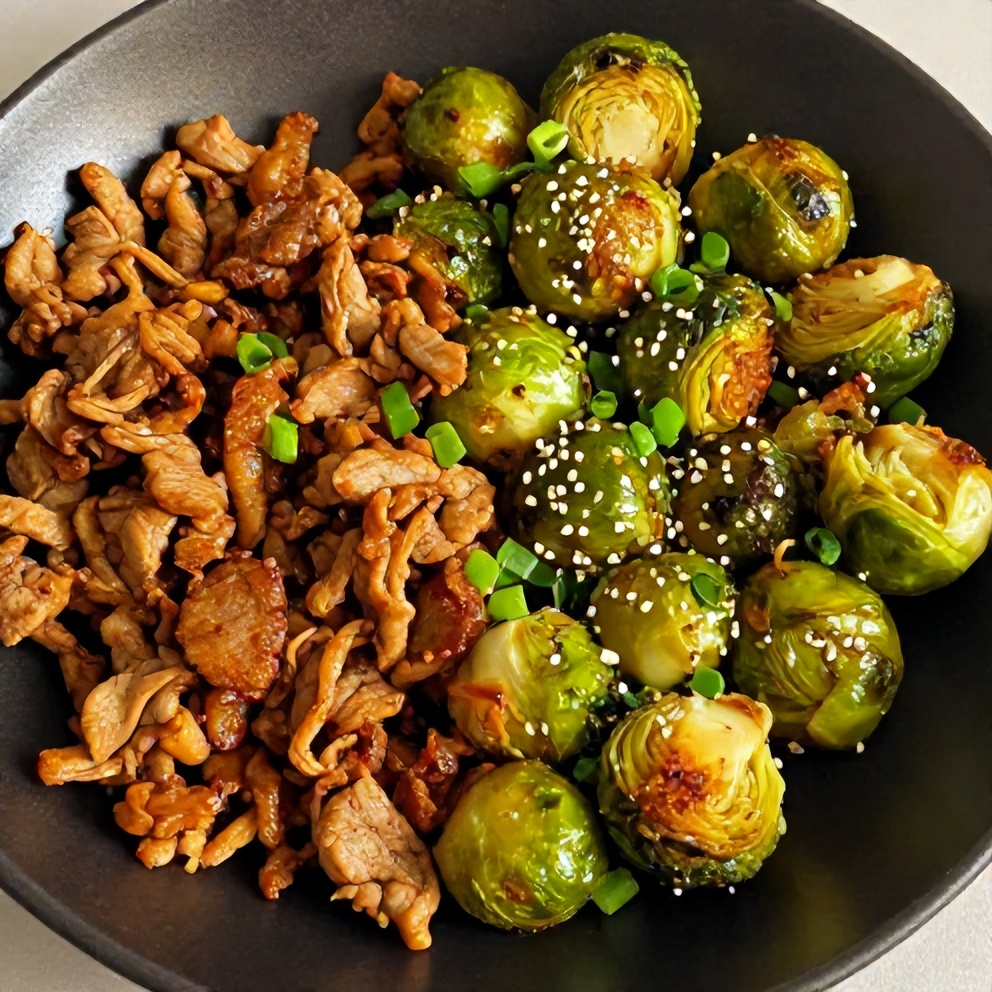 Finished Quick Spicy Pork Brussels Sprouts Bowls on a plate