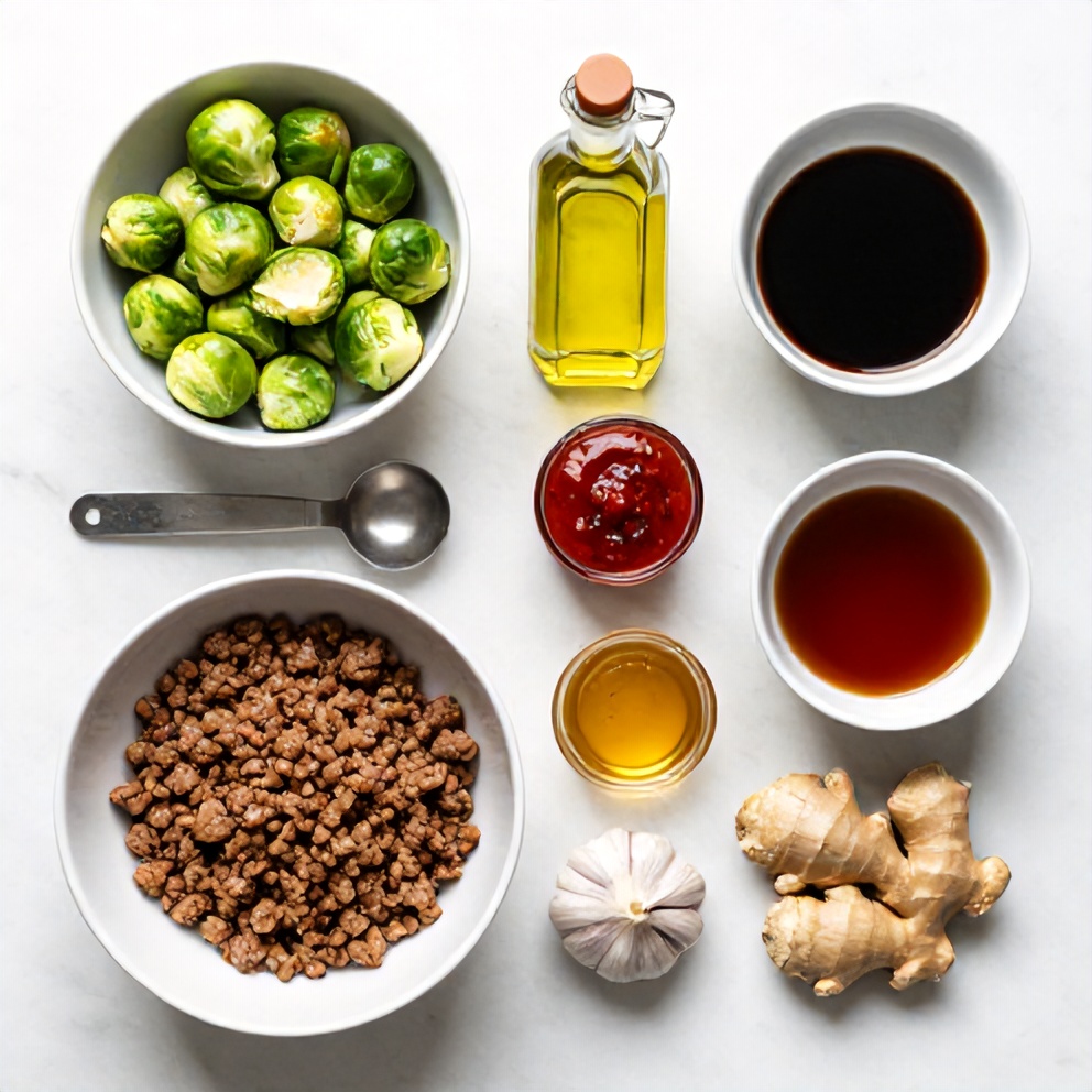 Raw ingredients for Quick Spicy Pork Brussels Sprouts Bowls