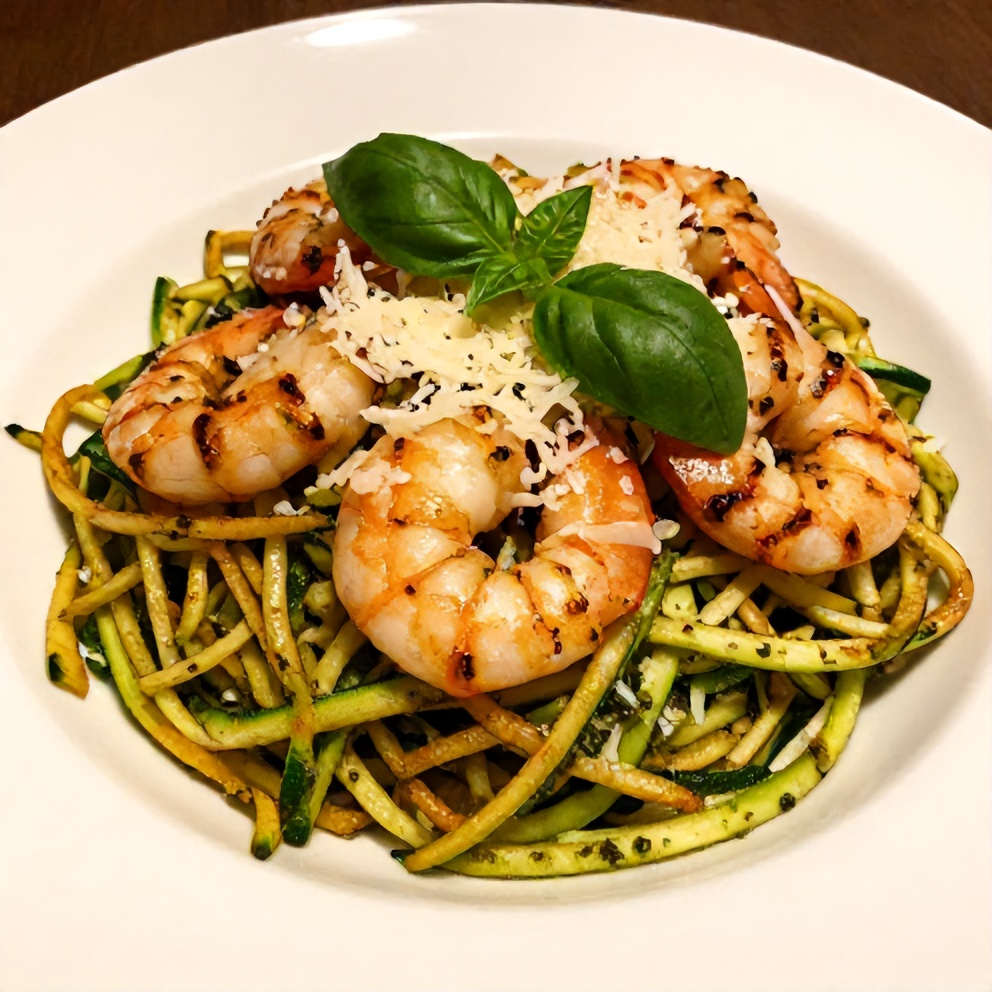 Plated zucchini noodles with pesto and grilled shrimp