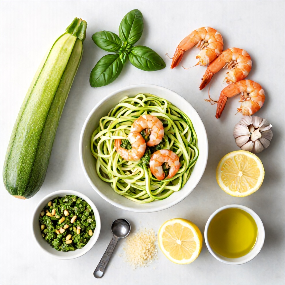Raw ingredients for zucchini noodles with pesto and shrimp