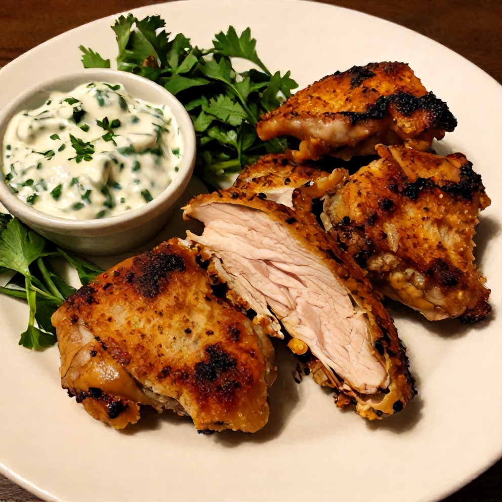 Plated Ranch Chicken Thighs with ranch dressing