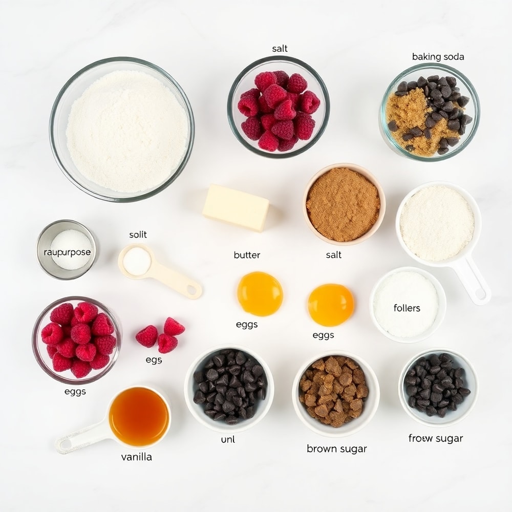 Raw ingredients for Raspberry Chocolate Chip Cookies on a marble surface