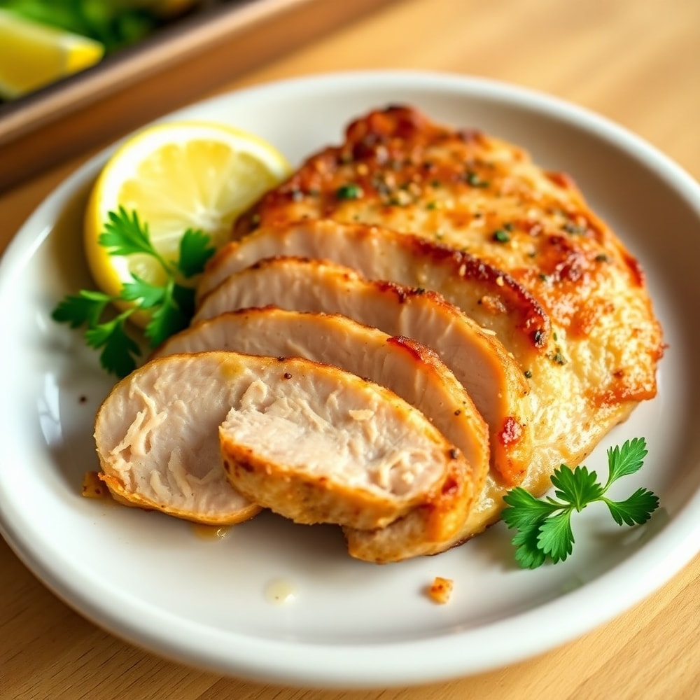 Plated Sheet Pan Lemon Garlic Pork Chops