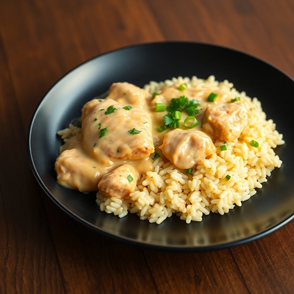 Plated serving of creamy smothered chicken and rice