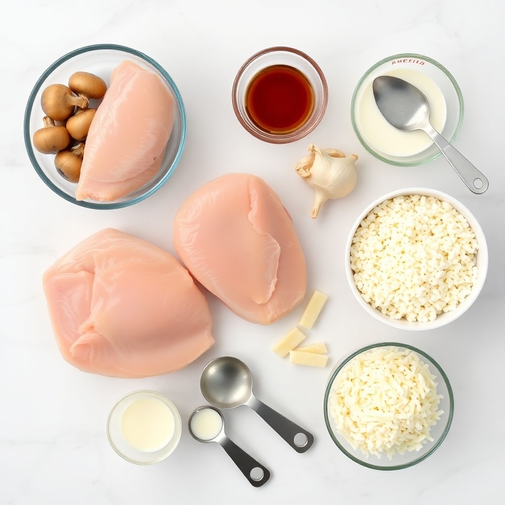 Raw ingredients for smothered chicken and rice arranged on a marble surface