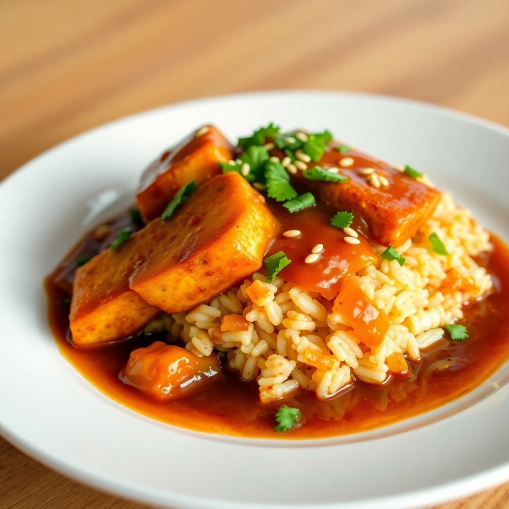 Plated serving of Teriyaki Tofu Rice Casserole on a white plate