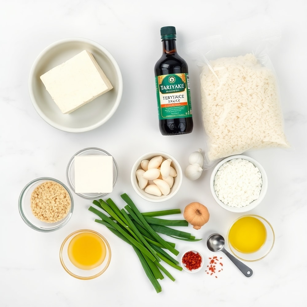 Raw ingredients for Teriyaki Tofu Rice Casserole on a marble surface