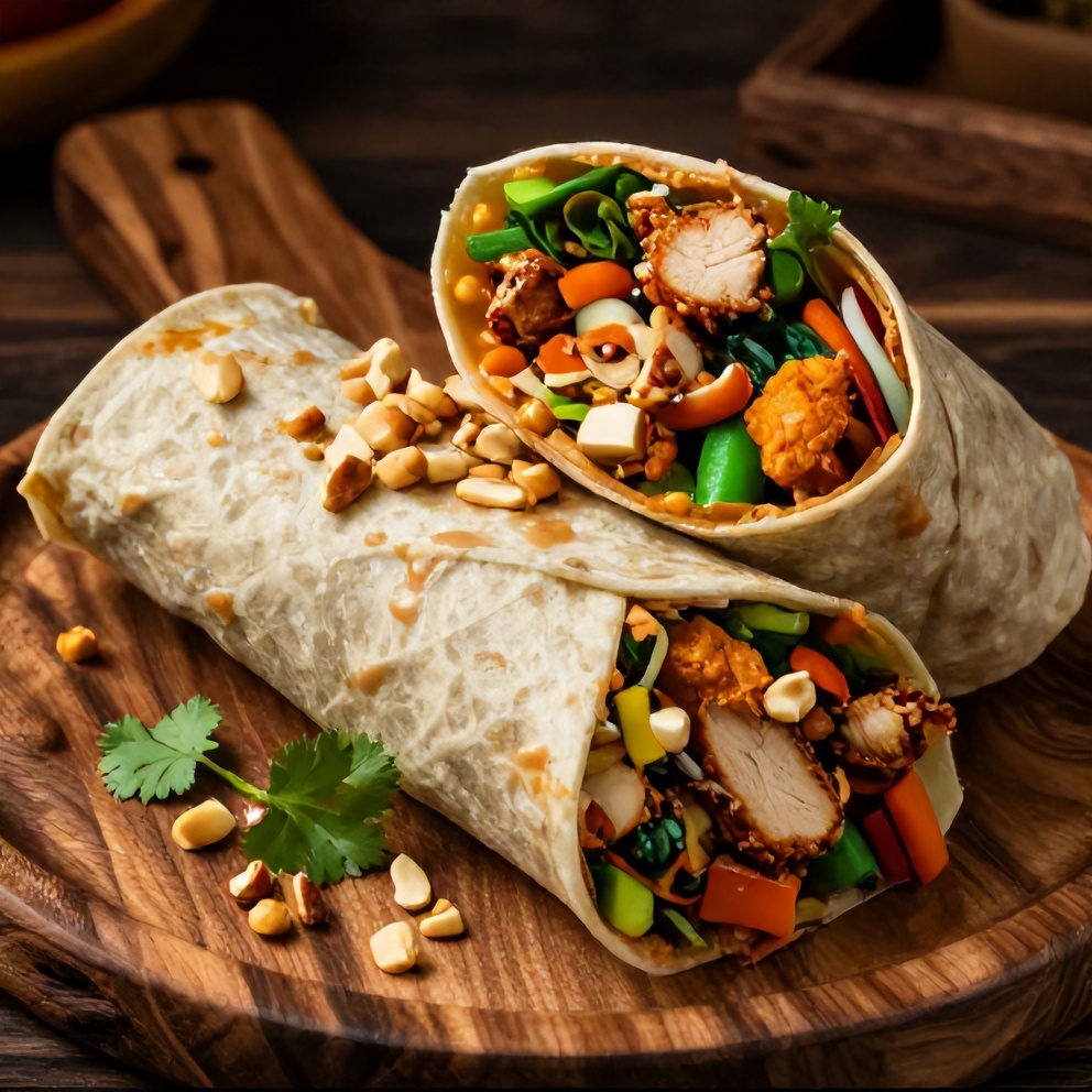 Thai Peanut Chicken Wraps plated on a rustic wooden board, garnished with chopped peanuts and cilantro, with a side of crispy wonton strips.
