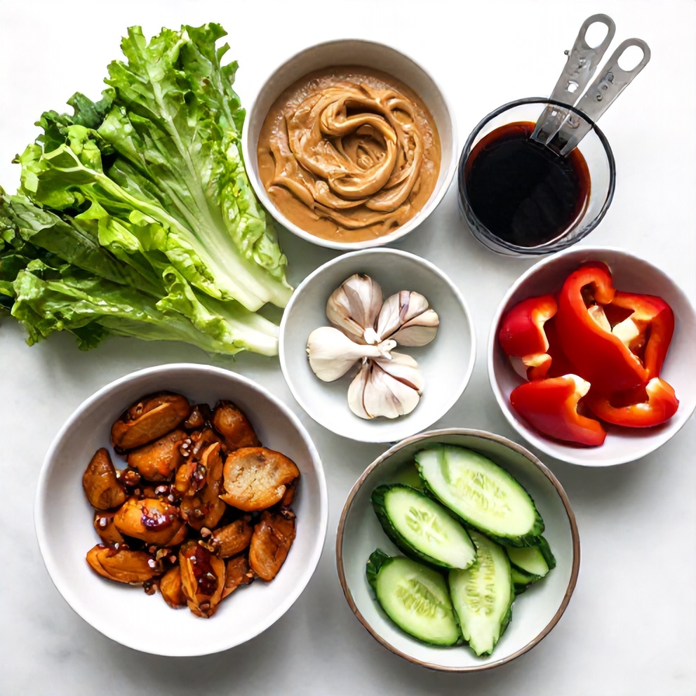 Raw ingredients for Thai Peanut Chicken Wraps including chicken breasts, peanut butter, soy sauce, garlic, and colorful veggies arranged on a white marble surface.